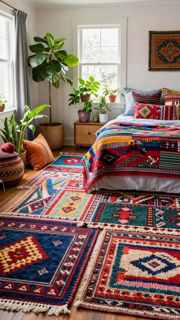 10 Bedroom Rug Placement Ideas So Your Space Always Looks Right - 9. Mismatched Rugs for Bohemian Style 1