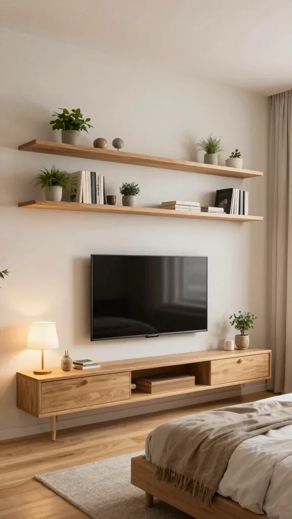 10 Bedroom TV Unit Design Ideas for a Clean, Built-In Look - 1. Floating Shelves for a Modern Touch 1