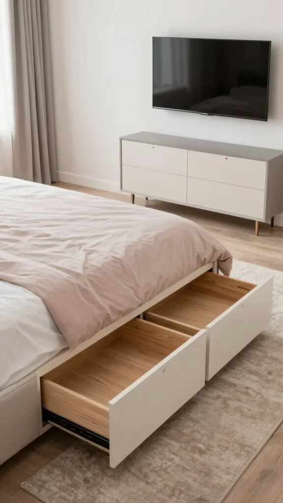 10 Bedroom TV Unit Design Ideas for a Clean, Built-In Look - 6. Utilizing Under-Bed Storage 1