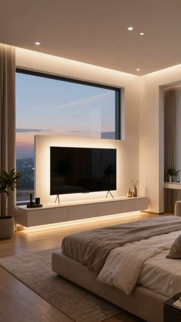 10 Bedroom TV Unit Design Ideas for a Clean, Built-In Look - 7. Integrated Lighting Solutions 1
