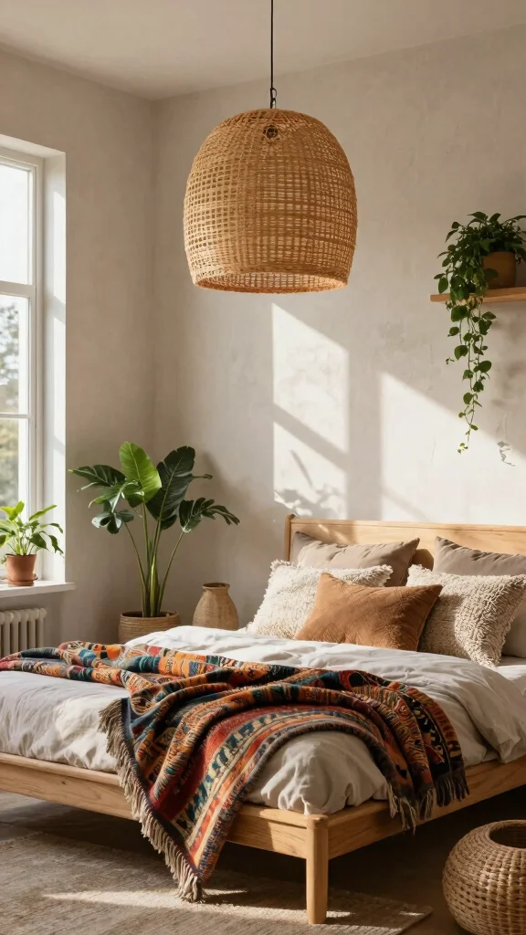 10 Hanging Light Ideas for Bedrooms That Replace Bedside Lamps - 1. Bohemian Rattan Beauty 1