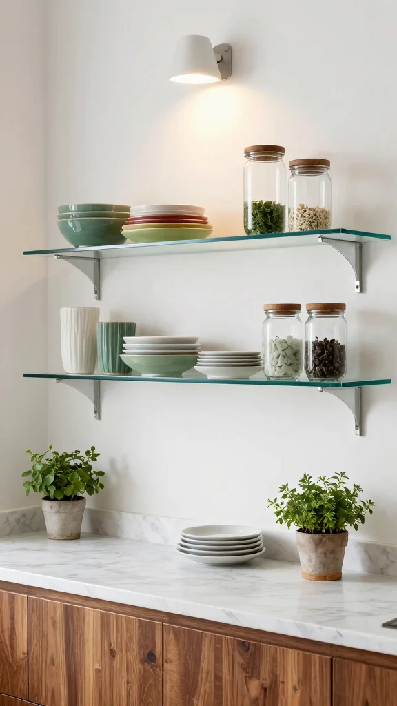 10 Kitchen Glass Cabinet Ideas for an Open, Elegant Feel - 1. Floating Glass Shelves for a Modern Touch 1