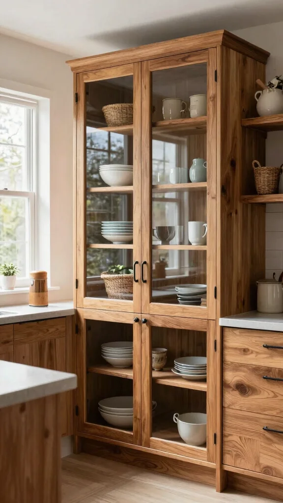 10 Kitchen Glass Cabinet Ideas for an Open, Elegant Feel - 3. Combination of Glass and Wood for Natural Texture 1