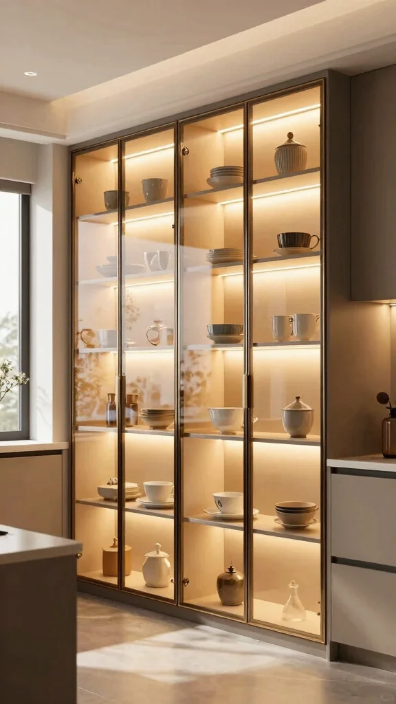10 Kitchen Glass Cabinet Ideas for an Open, Elegant Feel - 7. Integrated Glass Cabinets with Lighting for Glamour 1