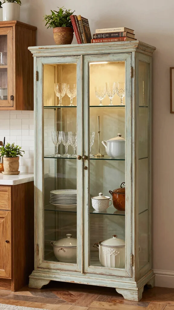 10 Kitchen Glass Cabinet Ideas for an Open, Elegant Feel - 8. Vintage Glass Cabinets for a Unique Flair 1
