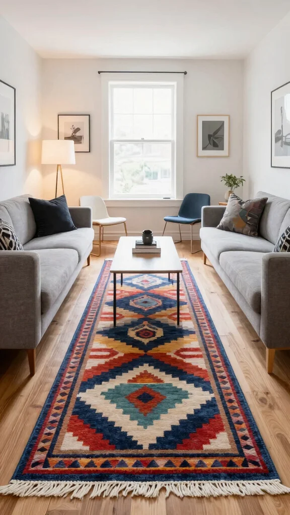 10 Living Room Rug Placement Ideas That Make the Space Look Bigger - 3. Using a Runner in Narrow Spaces 1