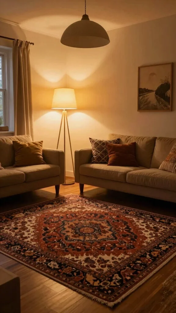 10 Ways to Style an 8x10 Rug in Your Living Room - 9. Embrace Layered Lighting 1
