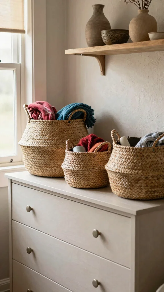 11 Bedroom Dresser Decor Ideas That Look Curated and Intentional - 6. Functional Organization with Baskets 1