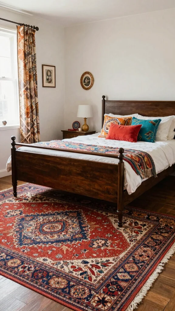 11 Bedroom Rug Ideas for Under the Bed That Feel Cozy and Finished - 10. Vintage Rugs for Retro Flair 1