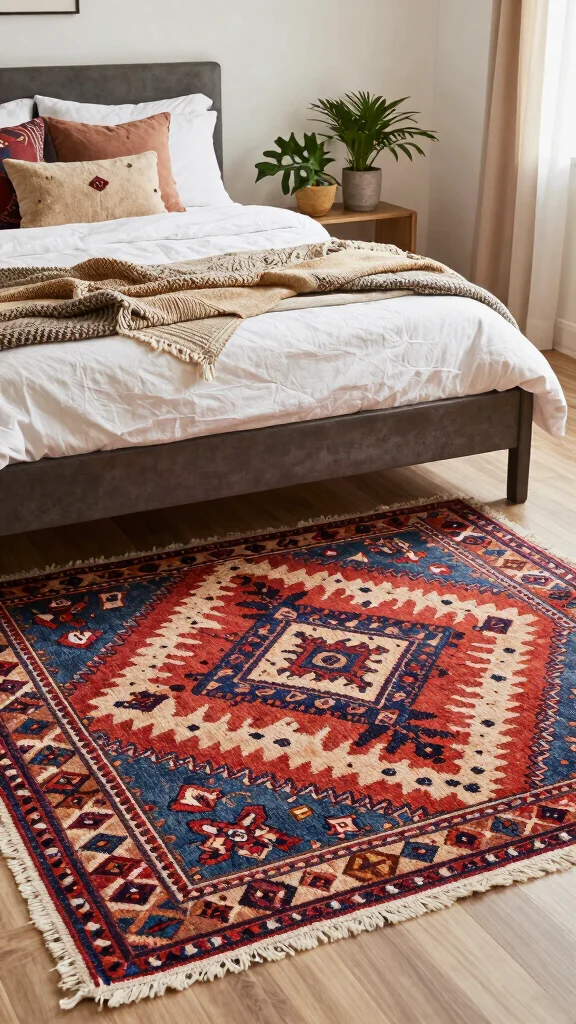 11 Bedroom Rug Ideas for Under the Bed That Feel Cozy and Finished - 5. Boho-Chic Kilim Rugs for a Colorful Pop 1