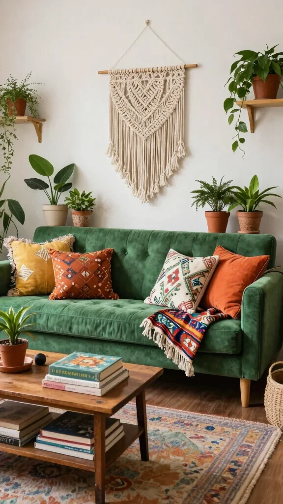 11 Green Sofa Living Room Ideas That Feel Fresh and Grounded - 3. Bohemian Bliss 1