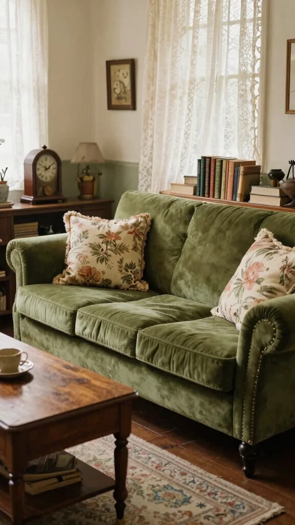 11 Green Sofa Living Room Ideas That Feel Fresh and Grounded - 5. Vintage Charm 1