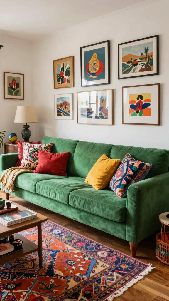 11 Green Sofa Living Room Ideas That Feel Fresh and Grounded - 7. Eclectic Mismatches 1