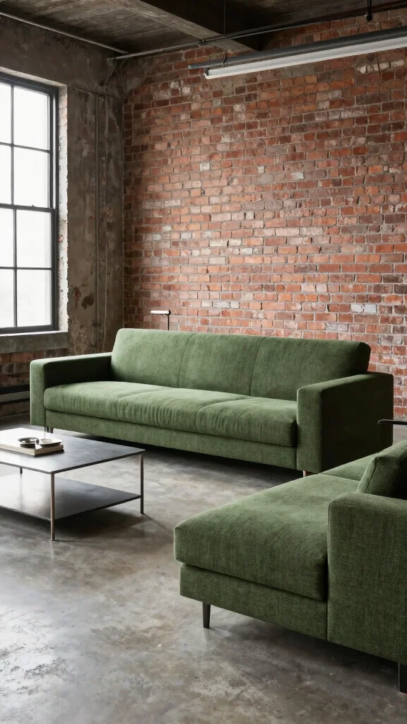 11 Green Sofa Living Room Ideas That Feel Fresh and Grounded - 8. Industrial Chic 1