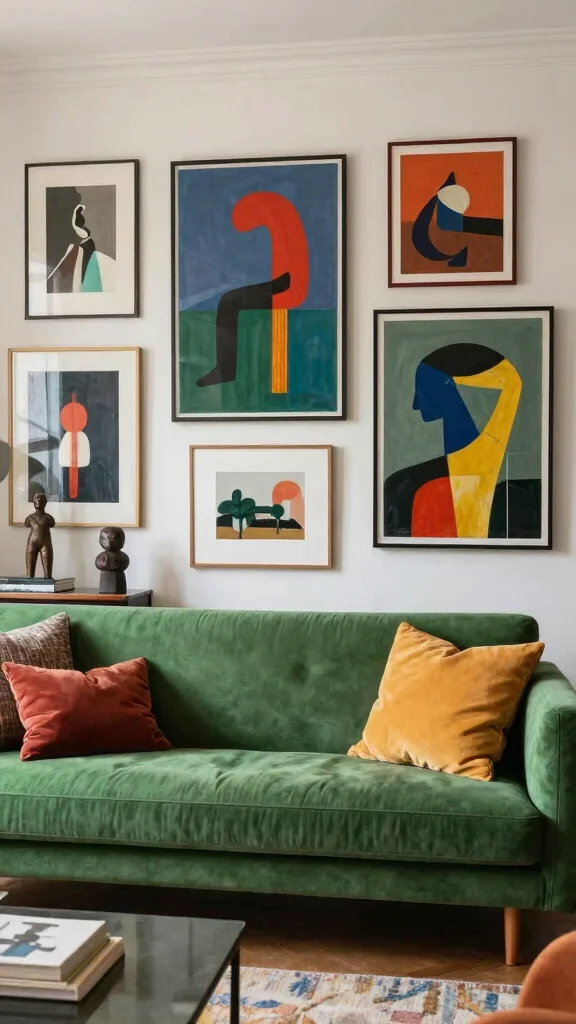 11 Green Sofa Living Room Ideas That Feel Fresh and Grounded - 9. Art-Inspired Living Room 1