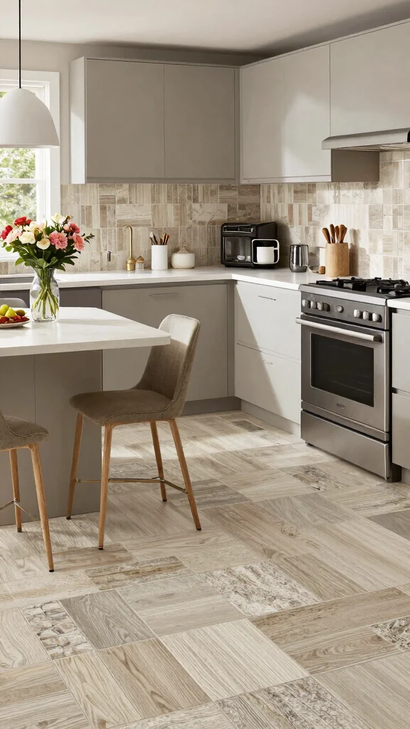 11 Kitchen Tile Floor Ideas That Are Easy to Clean and Beautiful - 11. Textured Vinyl Tiles 1