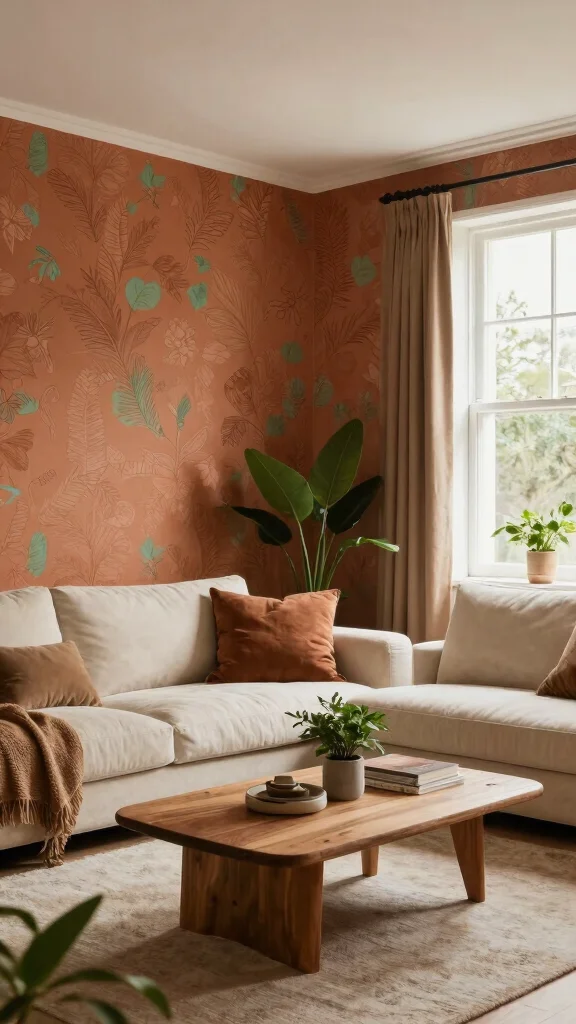 11 Living Room Wallpaper Ideas That Make Walls the Star - 4. Earthy Tones for a Cozy Feel 1
