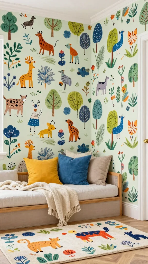 11 Living Room Wallpaper Ideas That Make Walls the Star - 5. Whimsical Illustrations 1