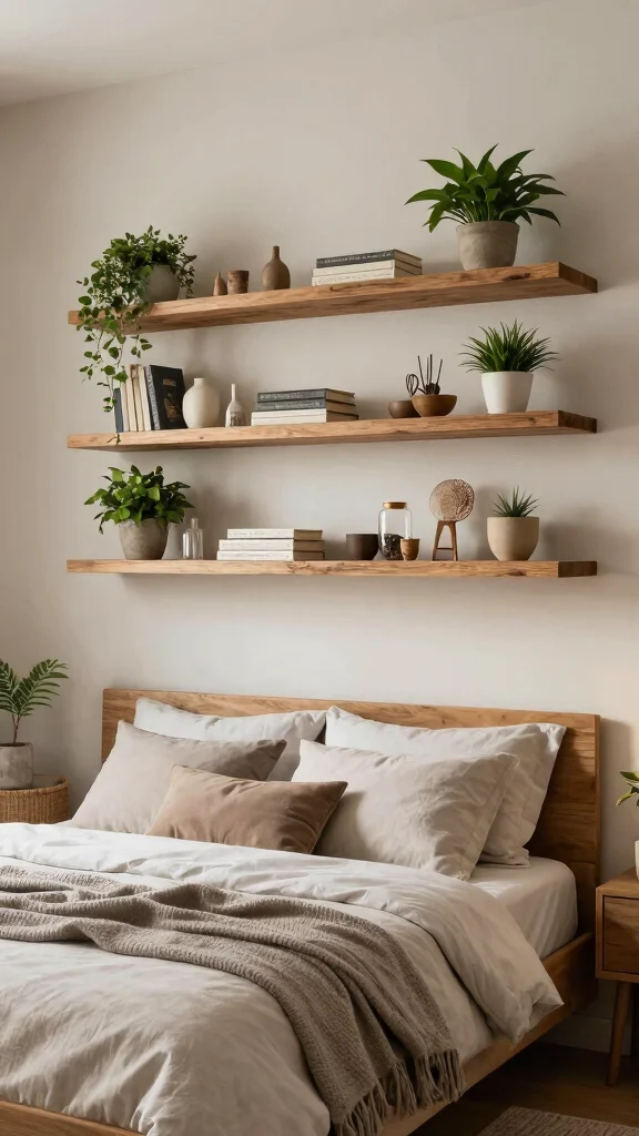 12 Bedroom Headboard Design Ideas for a More Polished Bed - 12. Floating Shelves as Headboard 1