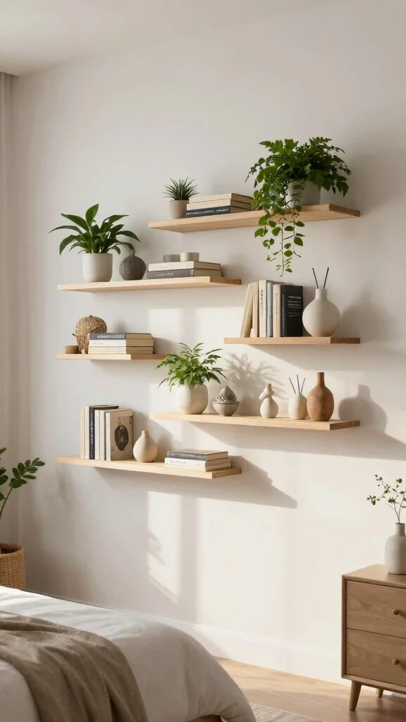 12 Bedroom Makeover Ideas on a Budget That Look High-End - 10. Use Wall-Mounted Shelves 1