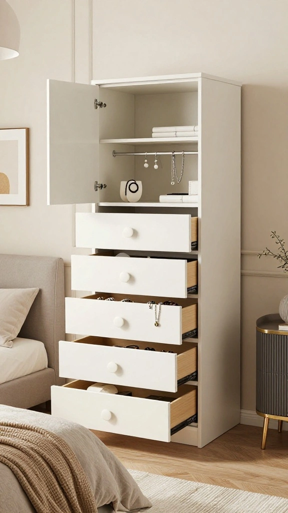 12 Bedroom Wardrobe Design Ideas That Maximize Storage and Style - 7. Wardrobe with Integrated Jewelry Storage 1