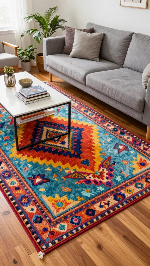 12 Best Living Room Rug Ideas for Hardwood Floors - 11. Colorful Patterns: Make a Statement 1