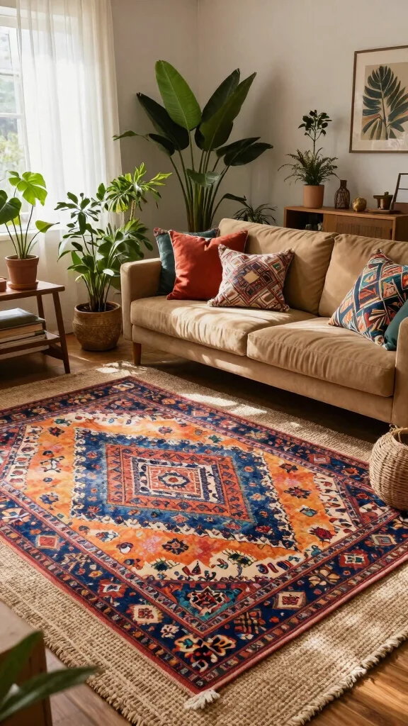 12 Best Living Room Rug Ideas for Hardwood Floors - 6. Bohemian Chic: Layered Textures and Colors 1