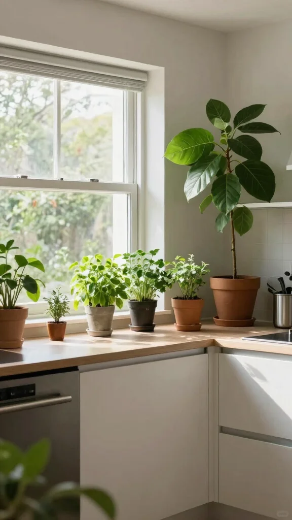 12 Kitchen Ideas Without Upper Cabinets That Feel Open and Modern - 7. Add a Touch of Greenery 1
