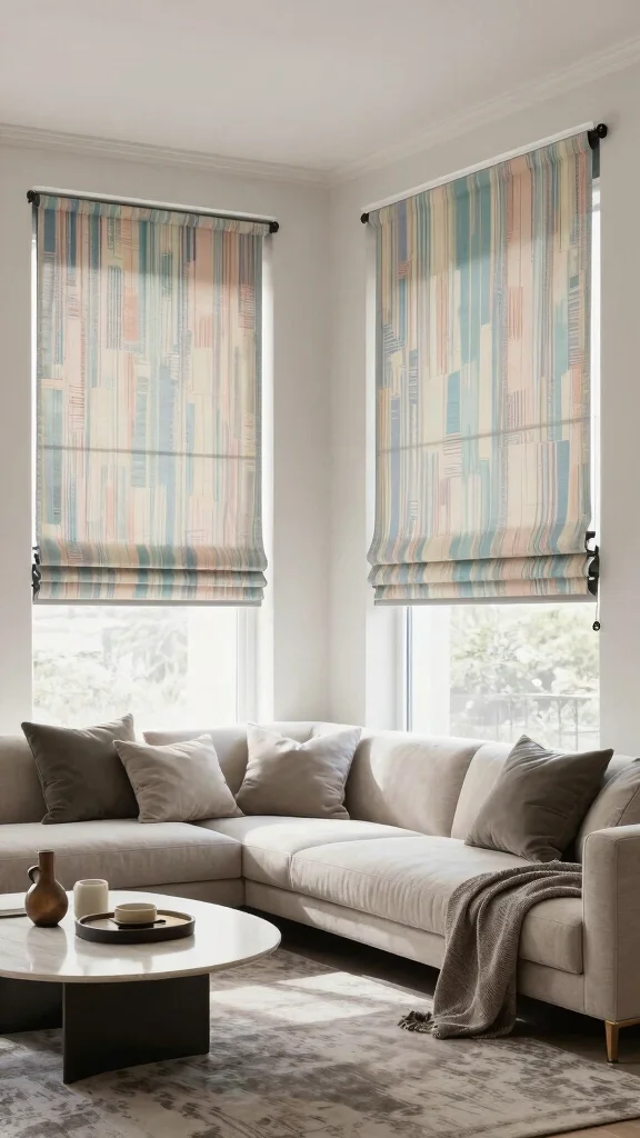 12 Living Room Curtain Ideas That Frame Every Window Beautifully - 10. Patterned Roller Shades 1