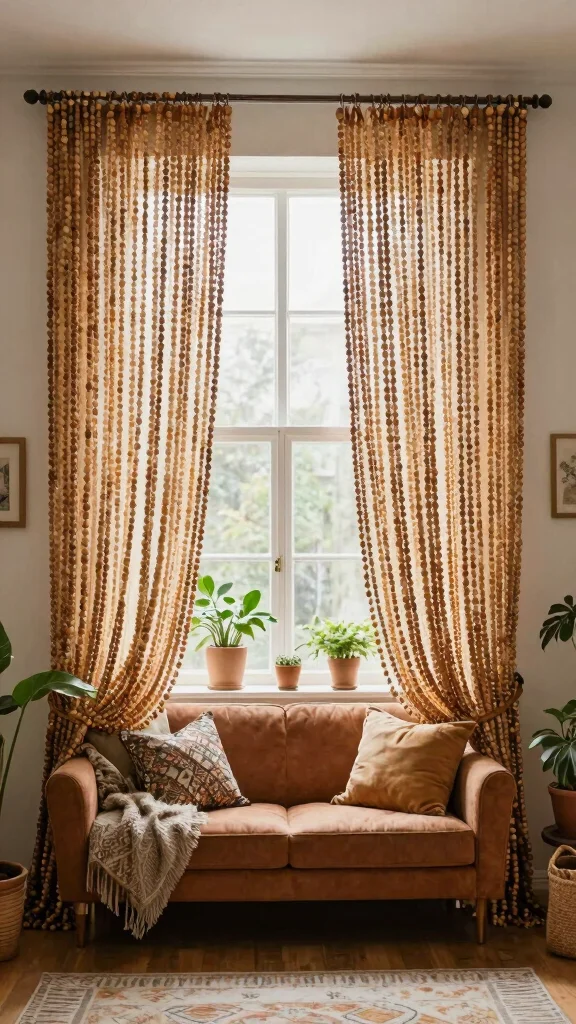 12 Living Room Curtain Ideas That Frame Every Window Beautifully - 11. Rustic Wood Bead Curtains 1