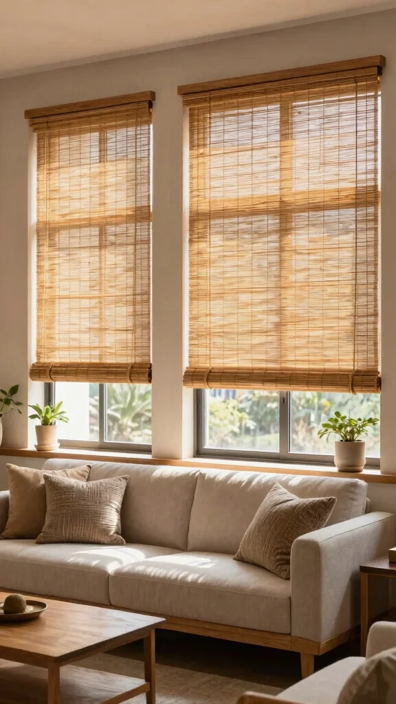 12 Living Room Curtain Ideas That Frame Every Window Beautifully - 3. Bamboo Blinds Beauty 1