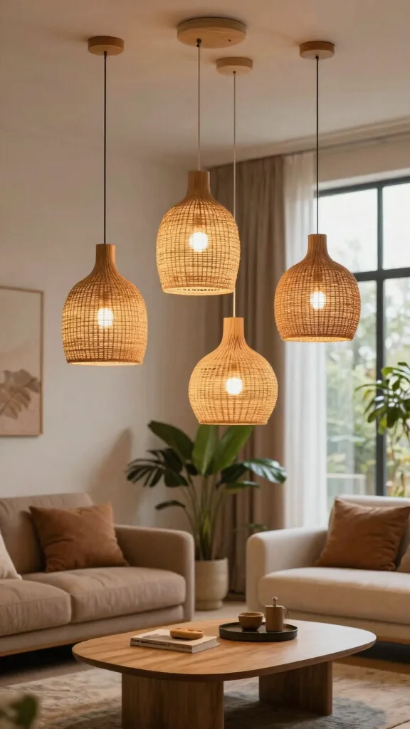 12 Living Room Lighting Design Ideas for Every Mood and Style - 1. Pendant Lights with Natural Elements 1