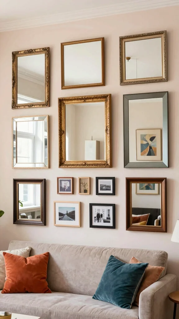 12 Living Room Mirror Ideas That Add Light and the Illusion of Space - 3. Gallery Wall of Mirrors 1