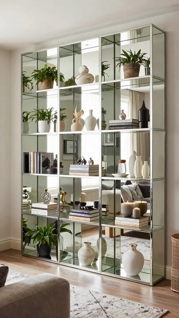 12 Living Room Mirror Ideas That Add Light and the Illusion of Space - 7. Mirrored Shelving 1