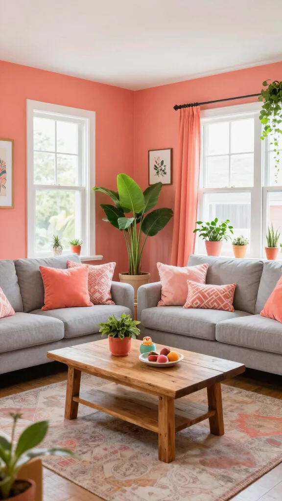 12 Living Room Paint Ideas That Transform Walls on Any Budget - 11. Playful Coral for a Modern Twist 1