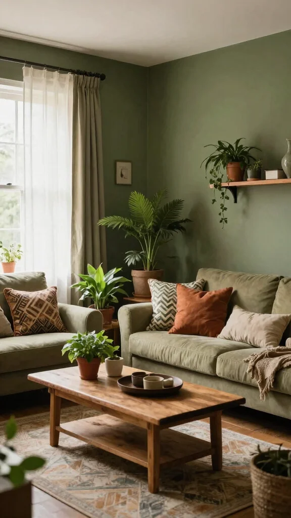 12 Living Room Paint Ideas That Transform Walls on Any Budget - 5. Earthy Olive Green for a Nature-Inspired Look 1
