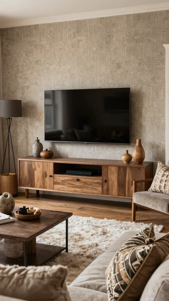 12 Living Room TV Unit Ideas for a Clean and Stylish Media Wall - 11. Layered Textures 1