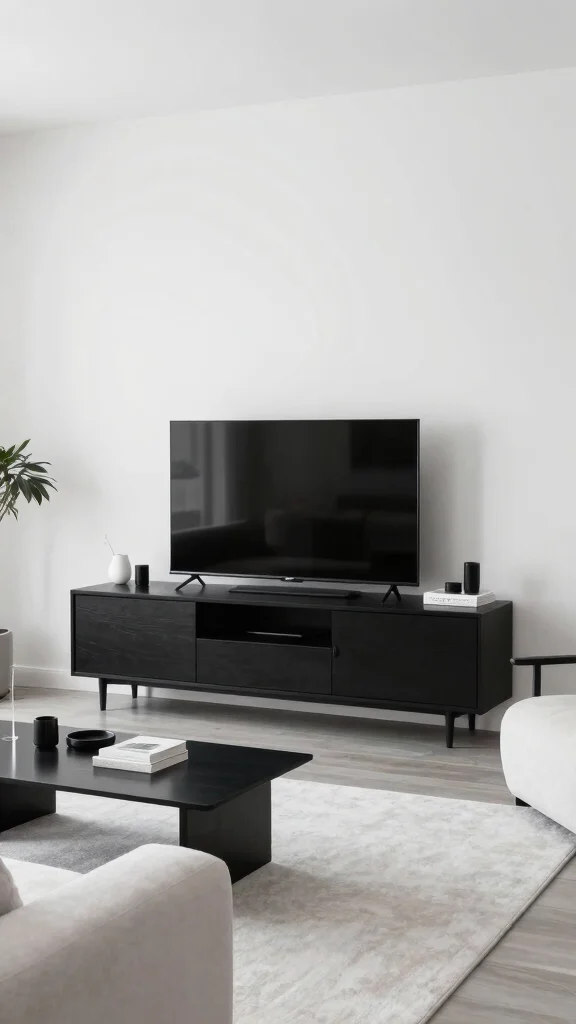12 Living Room TV Unit Ideas for a Clean and Stylish Media Wall - 7. Minimalist Black and White Palette 1