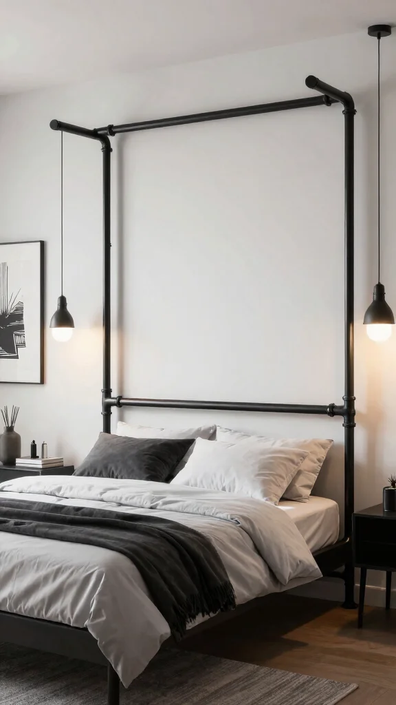 13 Bedroom Headboard Ideas That Make the Bed the Focal Point - 9. Industrial Pipe Headboard 1