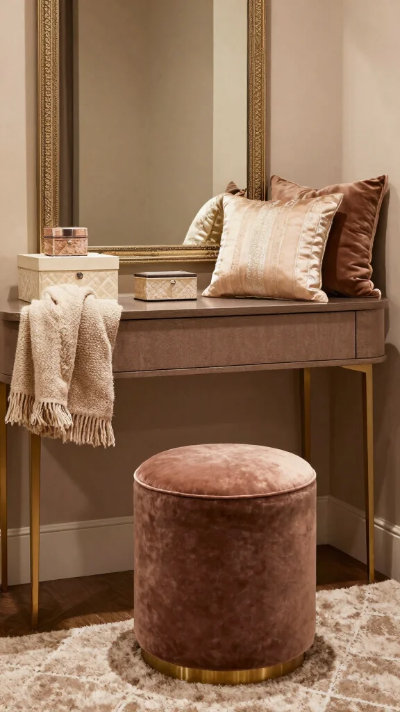13 Bedroom Vanity Ideas for a Glam and Functional Beauty Space - 8. Luxe Textures and Fabrics 1