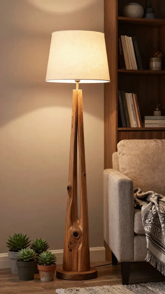 13 Living Room Lamp Ideas for Layered, Cozy Lighting - 1. Reclaimed Wood Floor Lamps 1