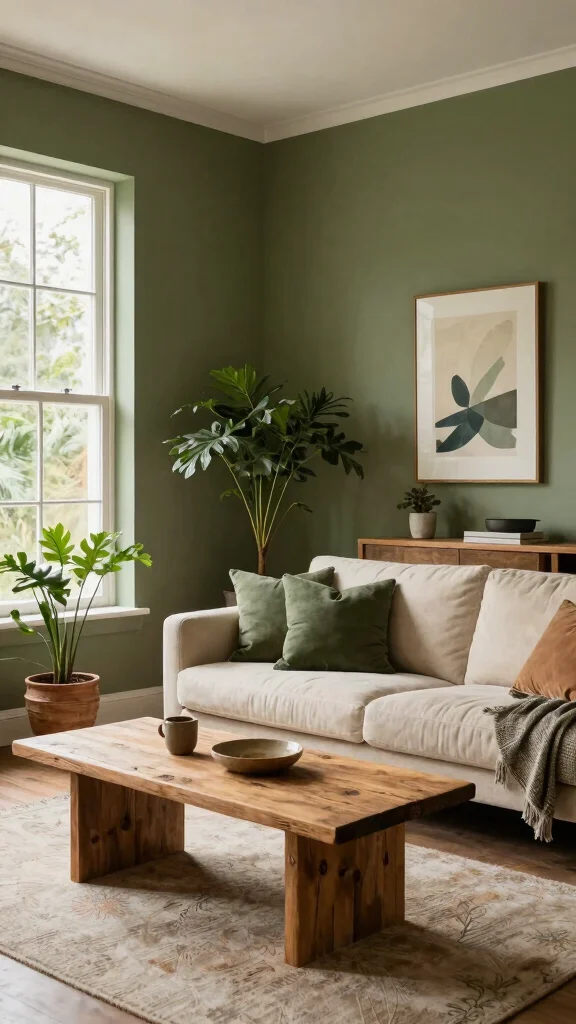 13 Living Room Paint Color Ideas for a Fresh, Pulled-Together Look - 6. Earthy Olive Green 1