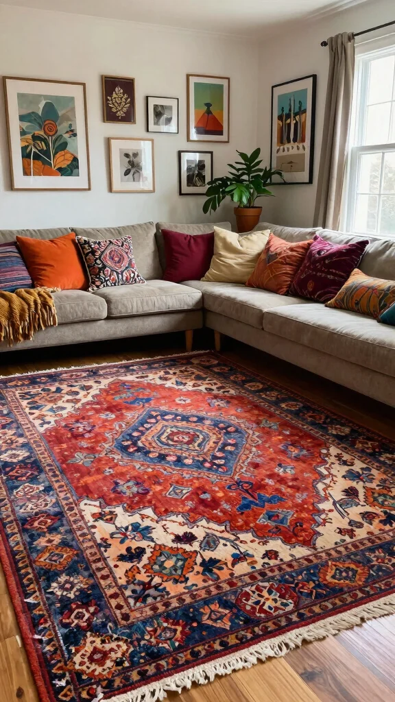 13 Living Room Rug Ideas for Color, Texture, and Style - 5. Bohemian Rugs for Artistic Flair 1