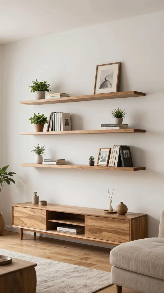 13 Living Room TV Unit Design Ideas That Look Built-In and Polished - 1. Elegant Floating Shelves 1