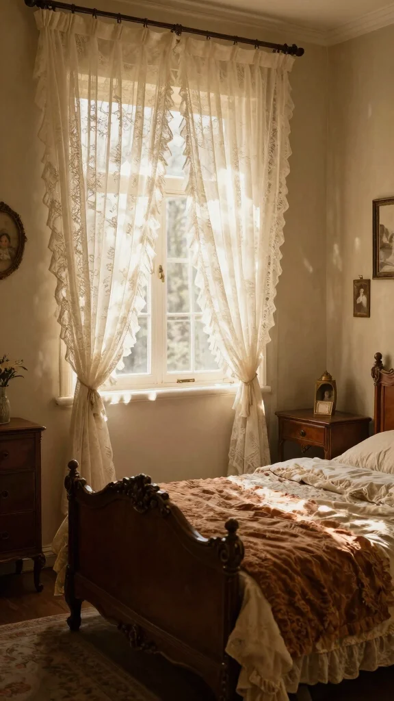 14 Bedroom Curtain Ideas for Privacy, Light, and Soft Style - 9. Antique Lace for Vintage Charm 1