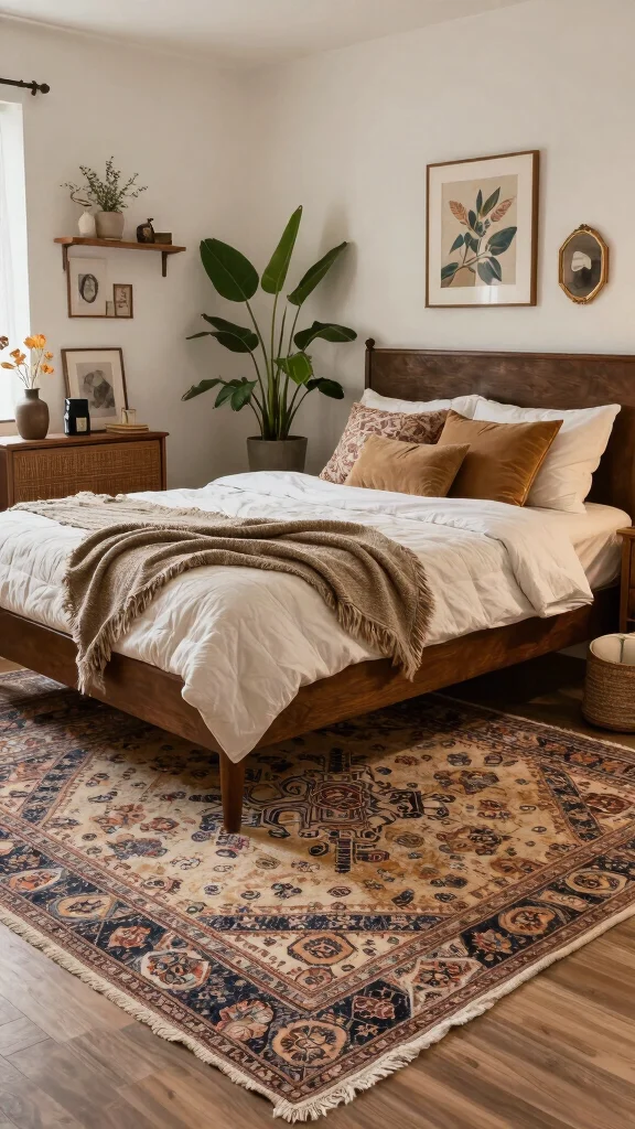 14 Bedroom Rug Ideas That Anchor the Bed and Define the Space - 12. Vintage Charm with Upcycled Rugs 1