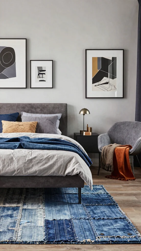 14 Bedroom Rug Ideas That Anchor the Bed and Define the Space - 3. Recycled Denim Delight 1