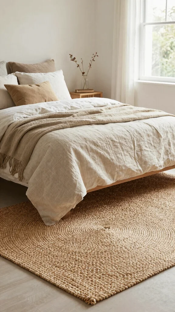 14 Bedroom Rug Ideas That Anchor the Bed and Define the Space - 8. Seagrass Serenity 1