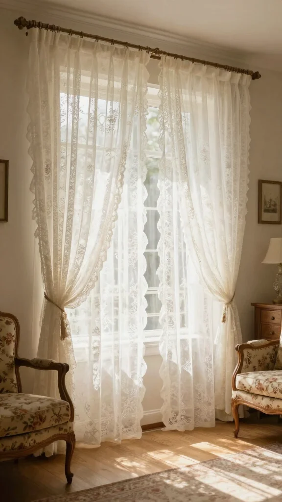 14 Living Room Curtain Ideas for Light, Privacy, and Style - 13. Vintage Flair: Lace Curtains 1