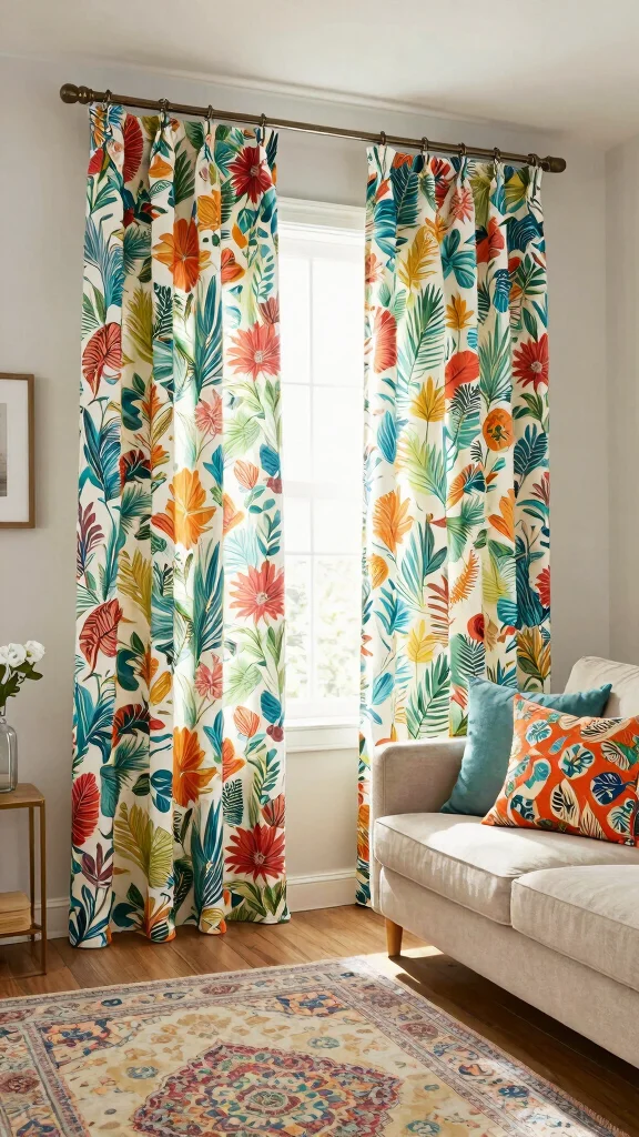 14 Living Room Curtain Ideas for Light, Privacy, and Style - 2. Bold and Beautiful: Patterned Eco-Friendly Curtains 1